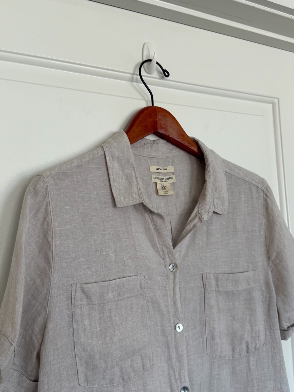 Christian Siriano 100%Linen Shirt Medium Pearl Button Tunic Shirt Beach Coastal